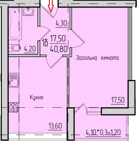 План 1-кімнатної квартири 40.8 м2